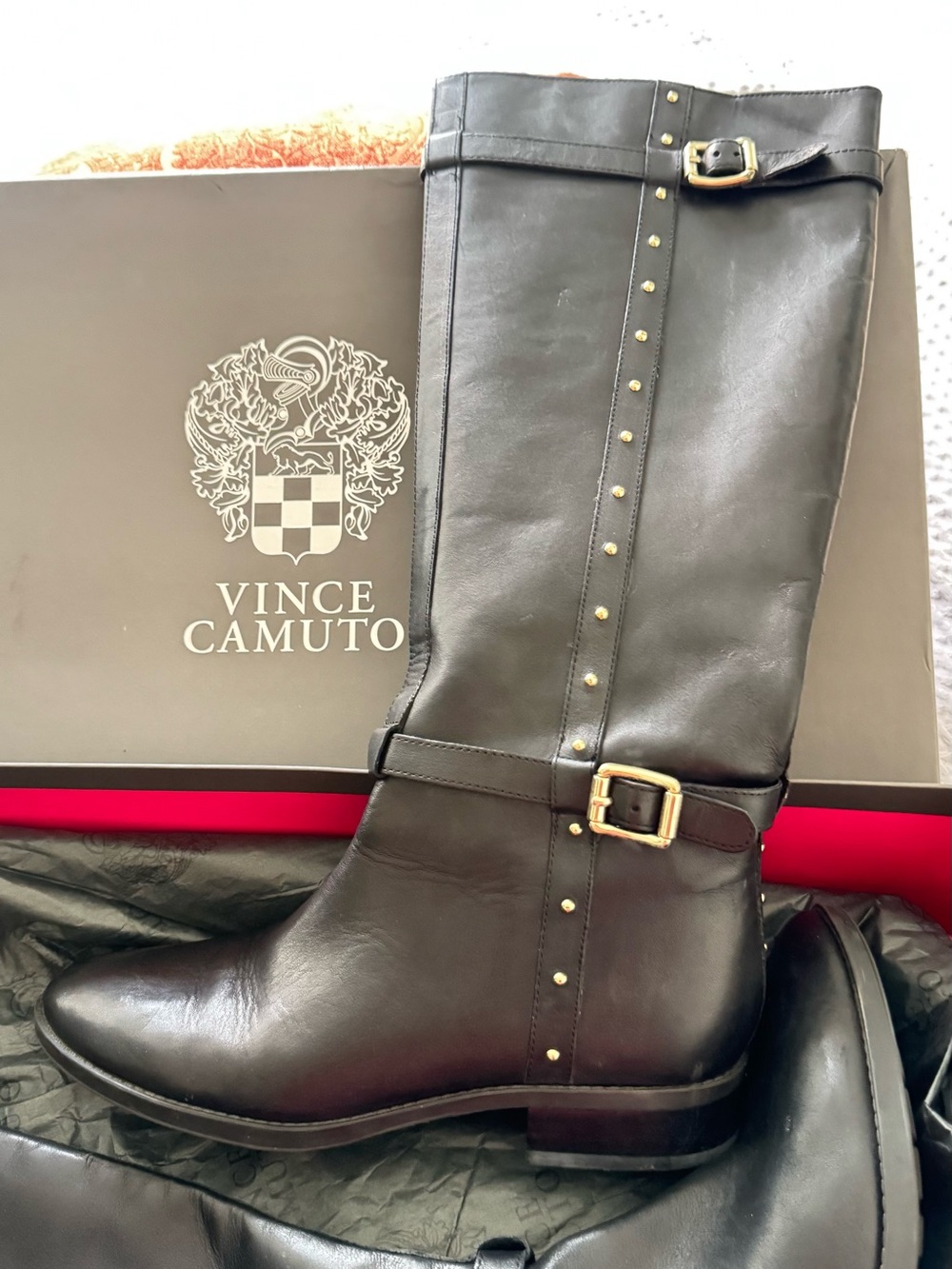 Vince Camuto Black Leather Studded Riding Boots